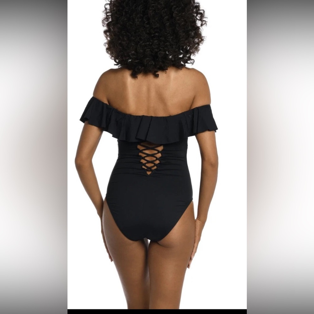 NWT La Blanca Island Goddess Black Off the Shoulder One Piece Swimsuit Size 8 - Picture 2 of 16